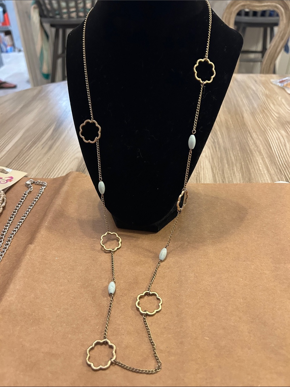 Long Gold Flower-Link Necklace with Light Blue Beads